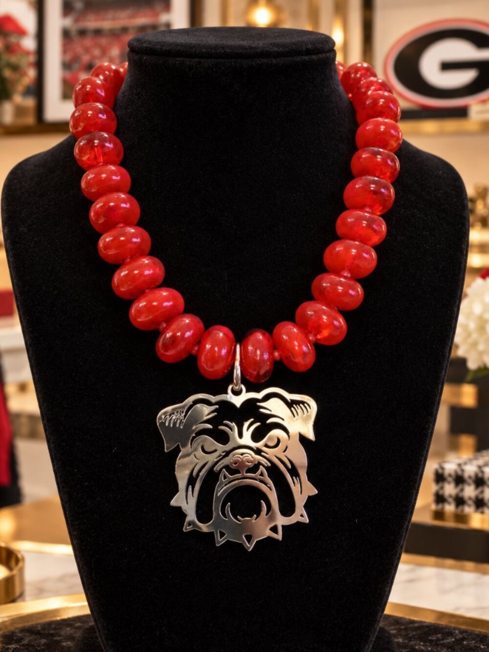Georgia Bulldog Necklace, Red Beaded Bulldog Pendant Necklace, Georgia Game Day
